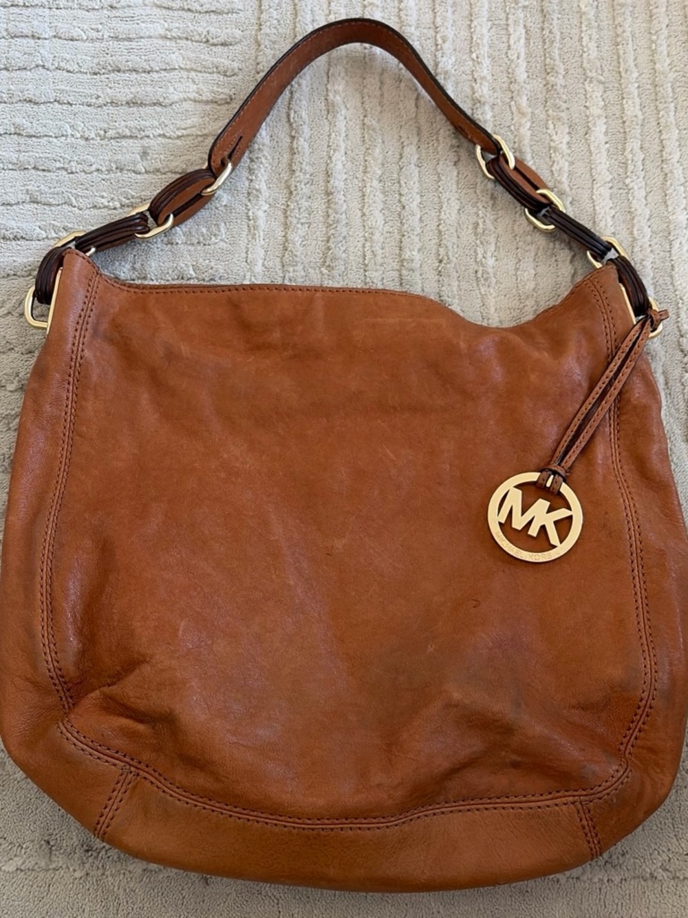 Michael Kors Cognac Leather Shoulder Hobo with Gold MK Charm